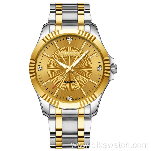 CHENXI New Men Women Quartz Couple Watch Fashion Waterproof Stainless Steel Watch Golden Luxury Wristwatch 050A